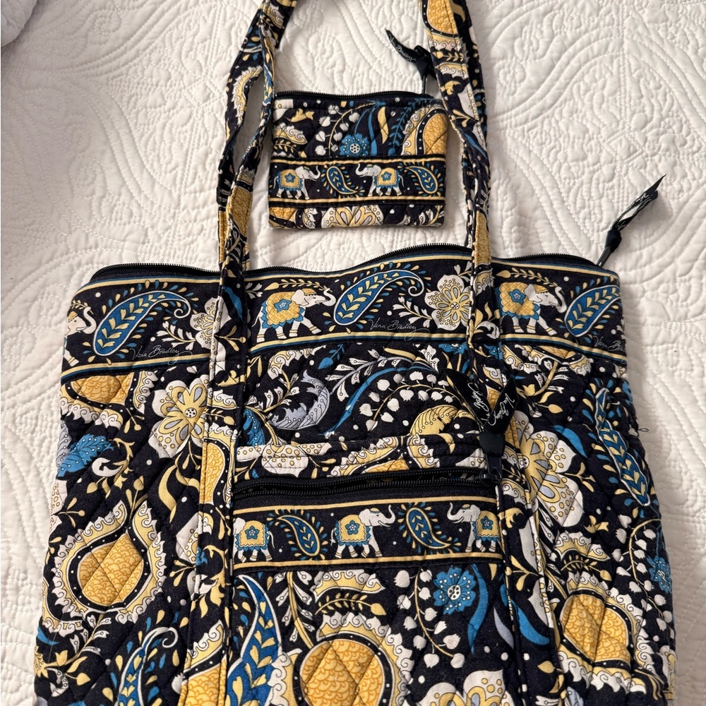 Vera Bradley Black and Yellow Floral Tote Bag and matching change purse.
